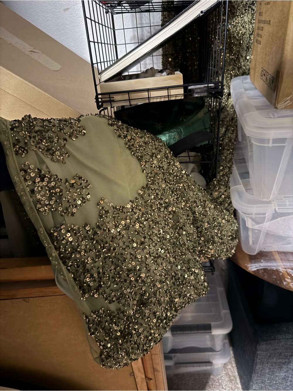 Mac Duggal Sparkling Long Sleeve Olive Green Gown Dress - Picture 16 of 16